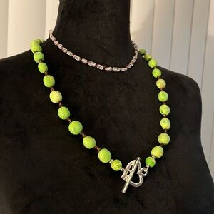Green Turquoise Silver Heart Toggle Necklace + Clear Quartz-Garnet Necklace